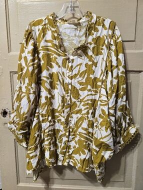Entro Leaf Print Dolman Sleeve Lace Trim Button Down Blouse NWOT Size: 2X